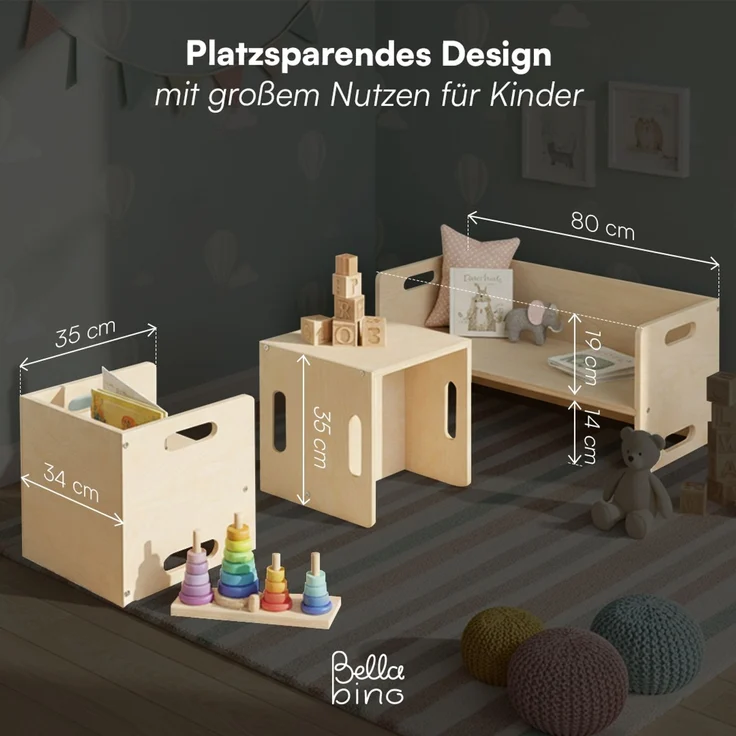 Bellabino 'Aki' 2in1 drehbare Kindersitzgruppe, 2x Stuhl und 1x Bank, natur unbehandelt, Birke Sperrholz, 3 Sitzhöhenstufen – Bild 7