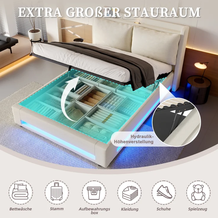 LVHOM Polsterbett 140x200cm mit LED&USB, Doppelbett mit Stauraum, Stauraumbett mit abnehmbaren Kissen, Bettgestell Massiv, Samtstoff, Beige – Bild 3