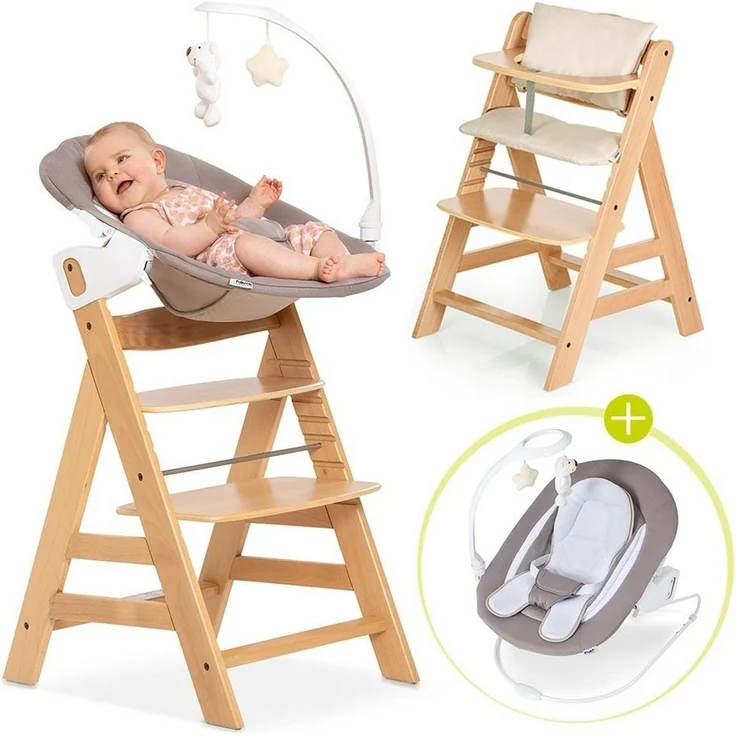 Hauck Hochstuhl Alpha Plus Natur - Newborn Set Deluxe (Set, 4 St), Holz Babystuhl ab Geburt inkl. Aufsatz für Neugeborene & Sitzauflage – Bild 5