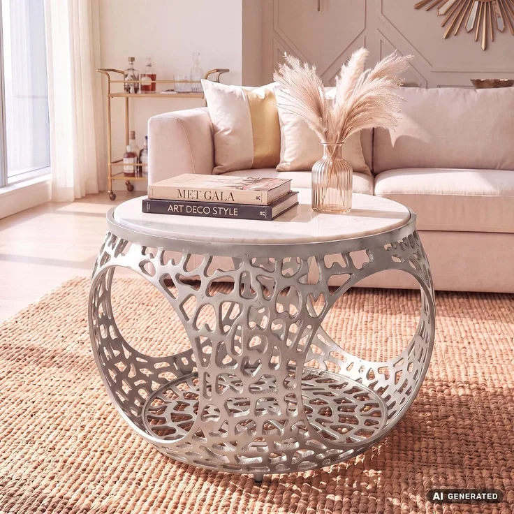 Couchtisch 60cm Aluminium Silber mit weißer Marmor Tischplatte - Runder Wohnzimmertisch mit Stauraum - Design Sofatisch - Moderner Loungetisch - Edler Beistelltisch Wohnzimmer Handgefertigt – Bild 2