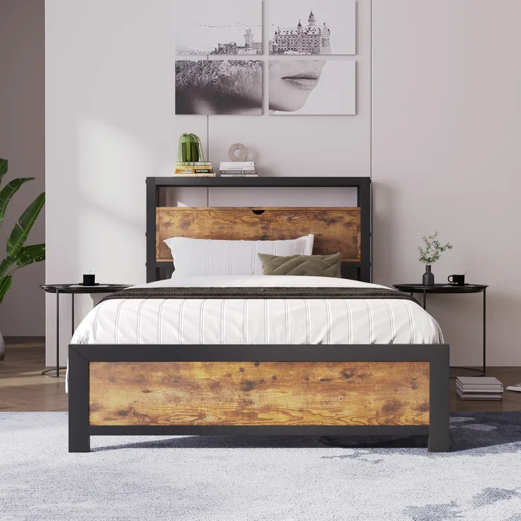Metallbett mit Stauraum-Kopfteil & Lattenrost, 100x216x95 cm, Natur, ohne Matratze