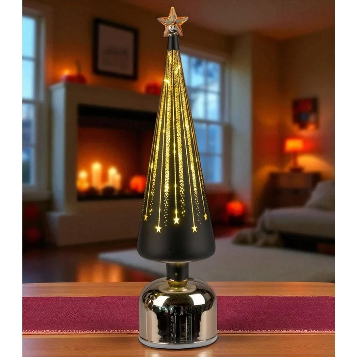 formano LED Weihnachtsbaum drehend Baum 38cm schwarz-gold aus Farbglas mit Timer & Sternlicht – moderne LED Deko mit 360° Bewegung – batteriebetrieben für Weihnachten & festliche Ambientbeleuchtung – Bild 3
