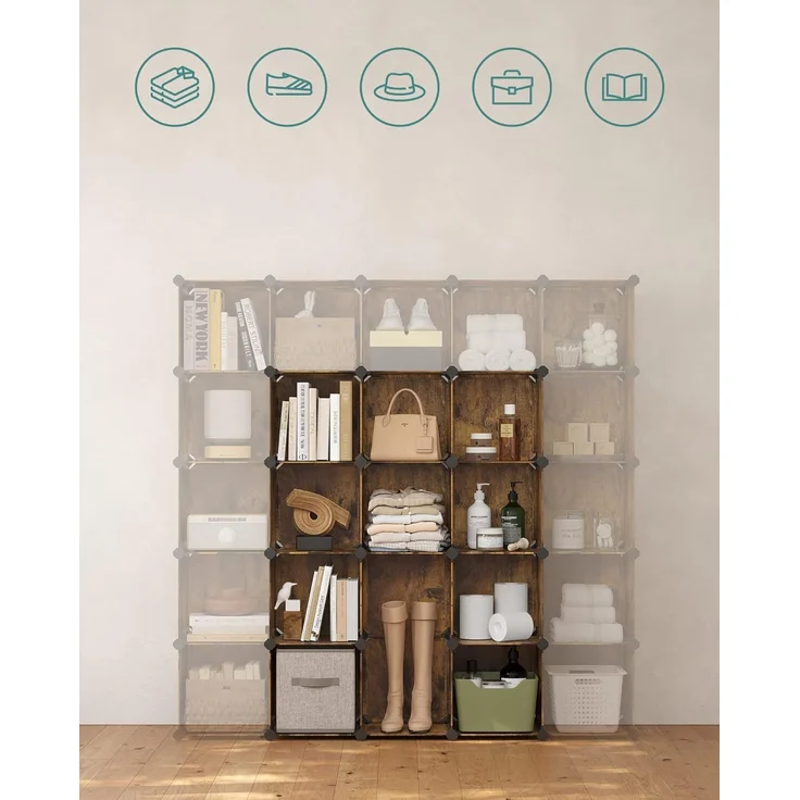 Songmics Schuhregal, Regalsystem, Steckregal, Set aus 16 Würfeln, DIY Regal, stapelbar, aus PP-Kunststoff, als Garderobe, für Schlafzimmer, Büro, 31 x 123 x 123 cm, vintagebraun LPC442A01 – Bild 7