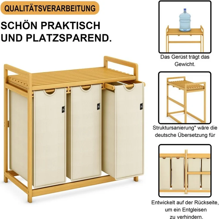 AdelDream Wäschekorb Wäschekörbe mit Bambusrahmen, 150 l, 3 Fächer – Bild 3