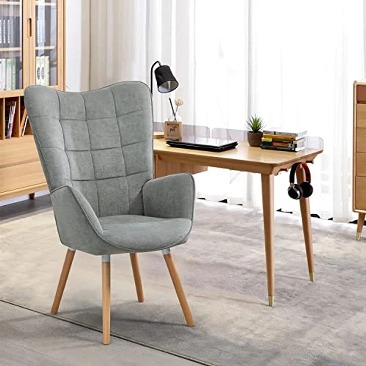 MEUBLE COSY Sessel Relaxsessel Lehnstühle Polstersessel Einzelsofa mit Holzbein Ohrensessel für Wohnzimmer Schlafzimmer Büro Vanity, Stoff, Grau – Bild 5