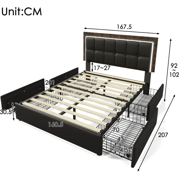 Einzelbett 160x200 cm mit LED-Beleuchtung, 4 Schubladen, höhenverstellbares Kopfteil, Luxus-Kunstleder Schwarz – Bild 8