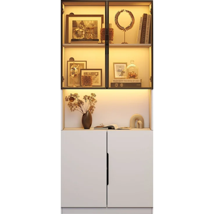 Moderne minimalistische Vitrine mit Glastüren, Vitrine mit LED-Leuchten, Bücherregal für Sammlerstücke, einstellbare Farbtemperatur und Helligkeit, weiße 80*30*200cm--Weiß--94.49x50.8x19.51cm--YOUDENOVA – Bild 9