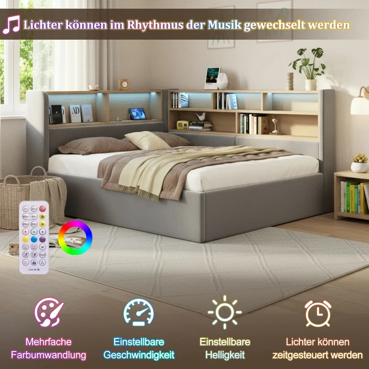 Daybett 140x190 cm mit hydraulischem Stauraum, Polsterbett, Tagesbett, Schlafsofa mit LED, USB & Rückenlehne, Samt, grau – Bild 6