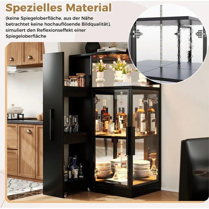 Ausziehbare Glasvitrine 64×42×112 cm mit LED-Beleuchtung, Vitrine mit doppelseitigem ESG-Glas, ausziehbarer Seitenschrank,Vitrine,Sammlervitrine, Weinschrank, Küchenschrank, Schwarz--Schwarz--64x42x112cm--YOUDENOVA – Bild 5