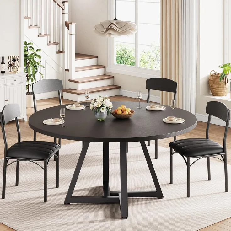 Esstisch Runder und 4 Esszimmerstühle Set, Essgruppe 5-Teilig, Küchentisch mit stabilem Metallgestell und 4 stühle, platzsparender Esszimmertisch aus Holz im Industrial Design (Schwarz, 130cm)