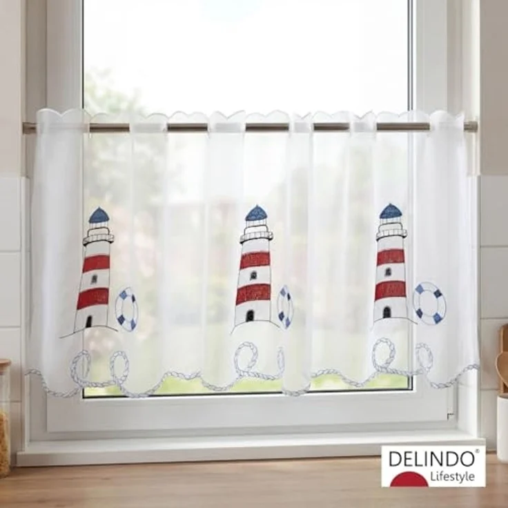 Delindo Lifestyle Scheibengardine LEUCHTTURM (1 St), Stangendurchzug, transparent, Voile, HxB: 45x115, mit Stangendurchzug, für die Küche – Bild 4