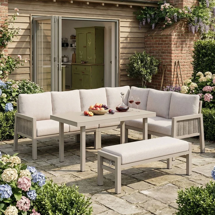Merax Gartenlounge-Set, Gartenmöbel-Set 7 Sitzer, Gartensofa Eckstellung, mit Esstische, Bänke und Sofas, Khaki – Bild 1