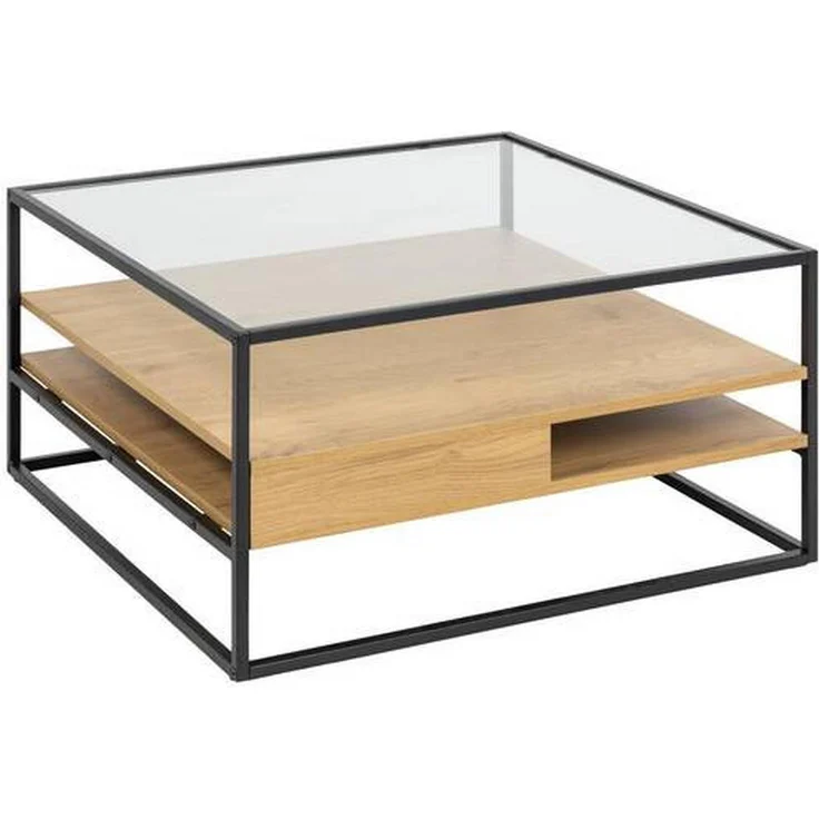 XXXL Couchtisch Klar Schwarz Wildeiche, quadratisch 80x40x80 cm, Metall und Glas