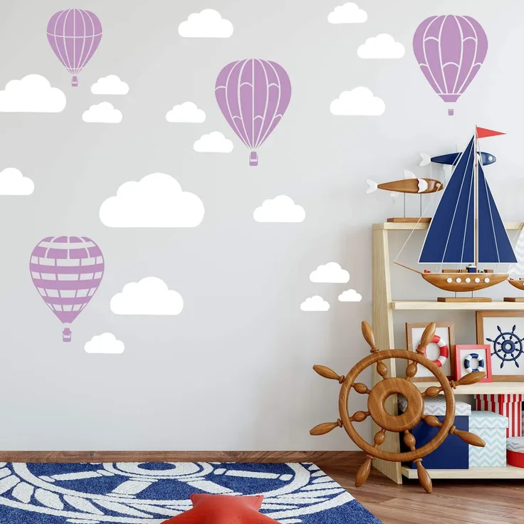Heißluftballon & Wolken Aufkleber Wandtattoo Himmel | Wandbild 6x DIN A4 Bögen | Sticker Kinder Kinderzimmer Deko Ballons (Flieder)