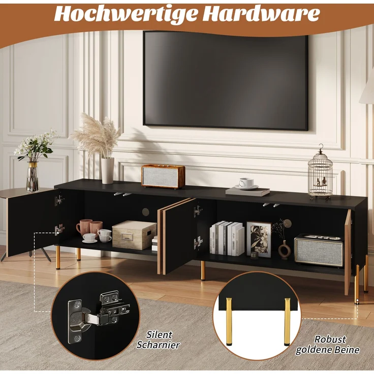 TV-Schrank aus Spanplatte mit 4 Türen & Metallgestell, 179x35x53,5 cm, Schwarz/Natur – Bild 7
