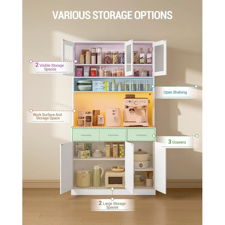 Buffetschrank, Küchenschrank mit 3 Schubladen, Hochschrank mit Steckdosenleiste und LED-Beleuchtung, 3 Schranktüren mit Glasfront, Küche, Wohnzimmer, 40 x 100 x 190 cm, Weiß – Bild 3