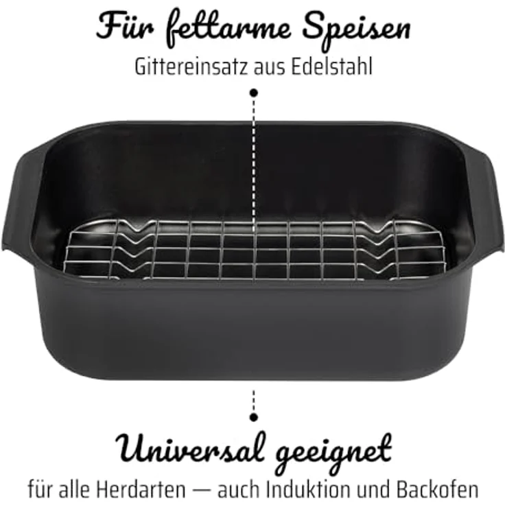 GSW Rechteckbräter Gourmet mit Aroma-Glasdeckel und Grilleinsatz, Aluguss, Induktionsfähig, Schwarz, ø ca. 40x26 x H 11cm – Bild 5