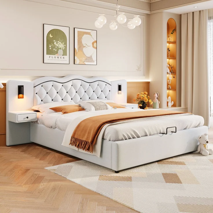 Polsterbett 180x200 cm, Doppelbett mit hydraulischem Hebemechanismus und Stauraum, integriertes Kopfteil mit Beleuchtung,Beige – Bild 3