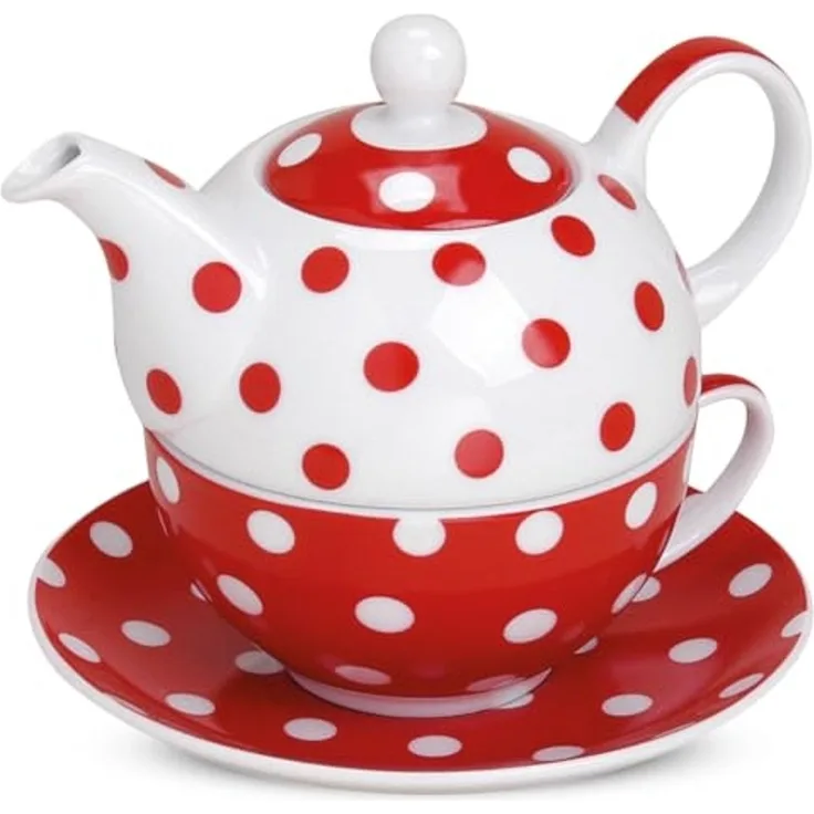 matches21 HOME & HOBBY Teekanne Süße Teekanne Teetasse mit Untertasse Set rot gepunktet, 0.4 l, (1-St), Tee Kaffee-Becher, klassisch, Geschenk-Set, 600ml