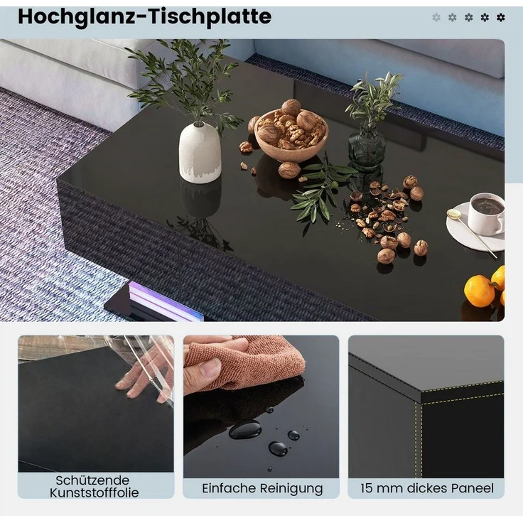 COSTWAY Couchtisch, LED, Hochglanz, 20 Farbeneinstellbar mit Stauraum schwarz – Bild 2