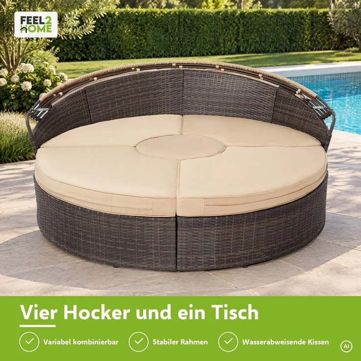 Polyrattan Sonneninsel 180cm Gartenmuschel Sonnenliege Loungebett braun/beige – Bild 3