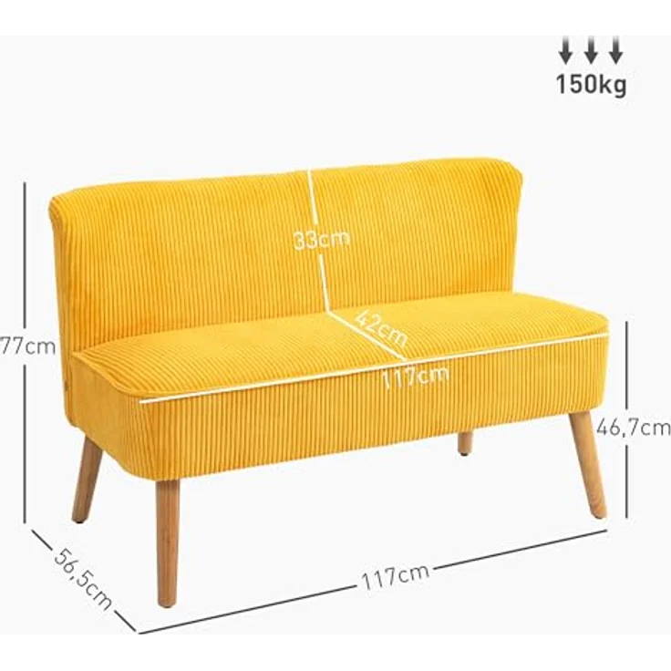 HOMCOM Zweisitzer Sofa, Gelb, elegantes Skandi Design, Kunststoffbezug, 56.5x77x117 cm – Bild 3