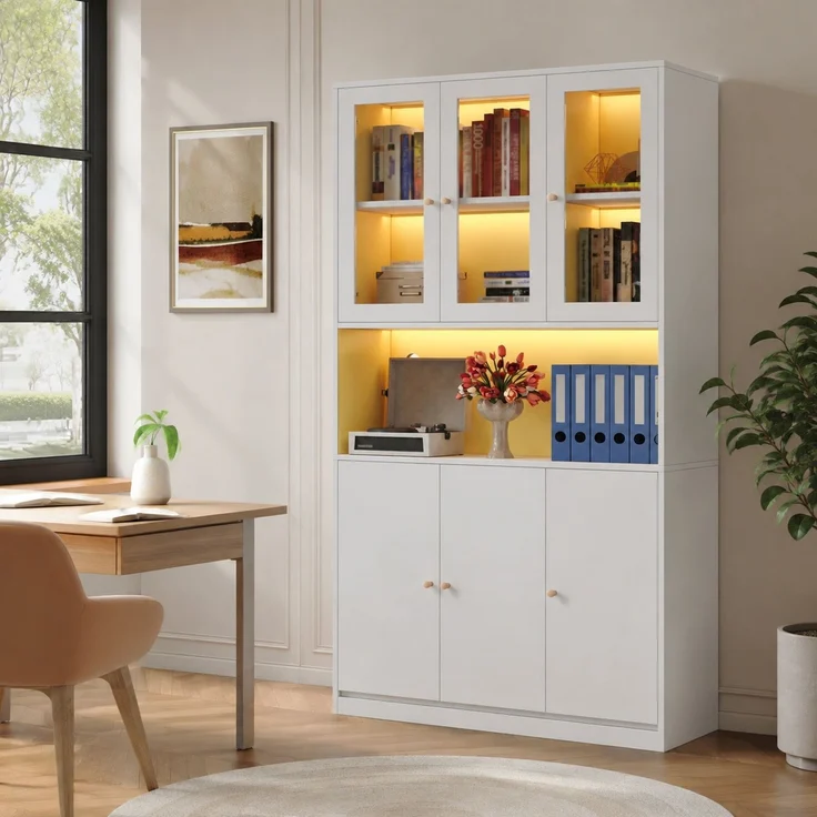 Bücherschrank mit Glasvitrine, LED-Beleuchtung & Kabelführung, 100x35x200 cm, Weiß – Bild 4