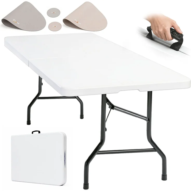 Eiryss Klappbarer Gartentisch 180x74cm, Outdoor Campingtisch für 8 Personen, weiß mit Kunststoffplatte & Metallrahmen, belastbar 150kg, 3 Sicherheitsverschlüsse, Buffetstisch für Garten, Balkon – Bild 1