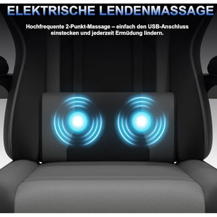 JUMMICO Gaming Stuhl mit Massagefunktion & 135° Rückenlehne, Ergonomischer Bürostuhl für Gaming und Homeoffice, Gaming Bürostuhl Belastbar bis 150 kg, Grau – Bild 3