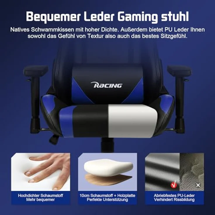 Homimaster Gaming Stuhl, Bürostuhl Ergonomisch mit verstellbare Lendenkissen, Kopfkissen und Armlehnen, Gaming Chair Gepolstert, Gamer Stuhl Wippfunktion, Gaming Stuhl 150 kg Belastbarkeit – Bild 8