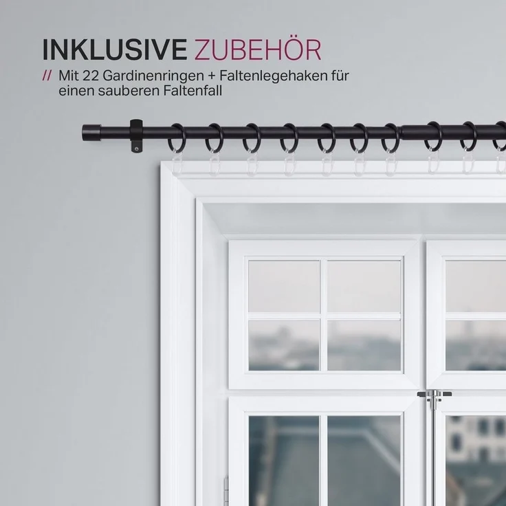Bestlivings Gardinenstange Stilgarnitur, Ø 16 mm, ausziehbar, Wandträger, verschraubt, Metall, Vorhangstange 120-220cm inkl. Ringe mit Faltlegehaken – Bild 3