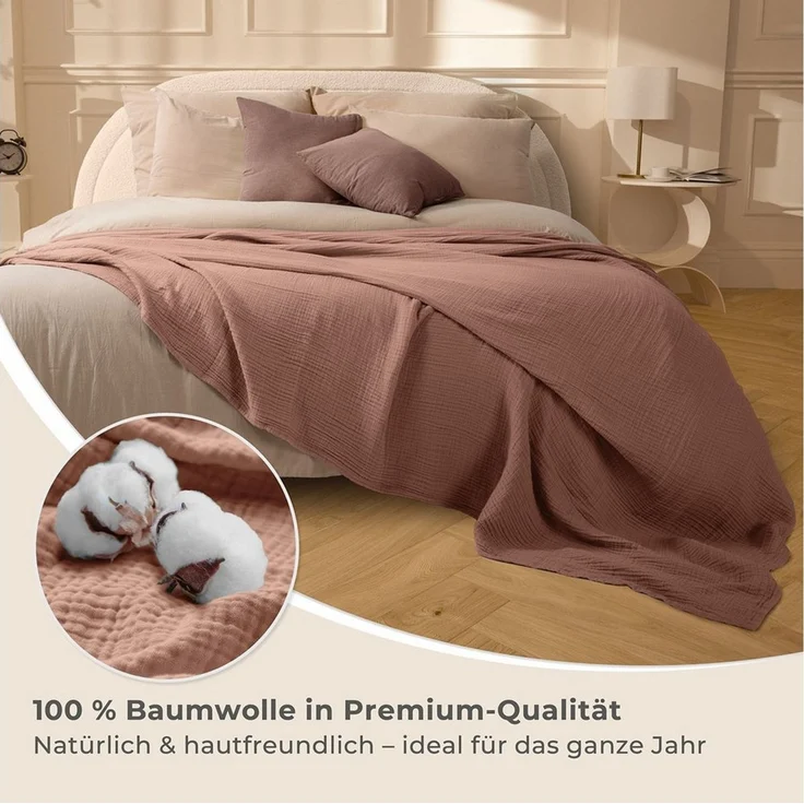 LAYNENBURG Premium Musselin Tagesdecke 180x220 cm - 100% Baumwolle - extraweiche Baumwolldecke als Kuscheldecke, Bett-Überwurf, Sofa-Überwurf, Couch-Überwurf - warme Sofa-Decke (Mokka) – Bild 4