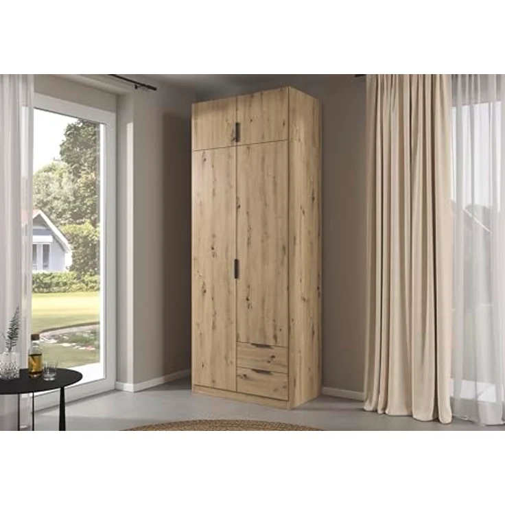 Rauch Möbel Lagoa, Kleiderschrank, Garderobe für Schlafzimmer, Kinderzimmer, Jugendzimmer 4-türig, 2 Schubladen, mit Zubehör Classic, Farbe Eiche Artisan, Holz, Breite 91 – Bild 3