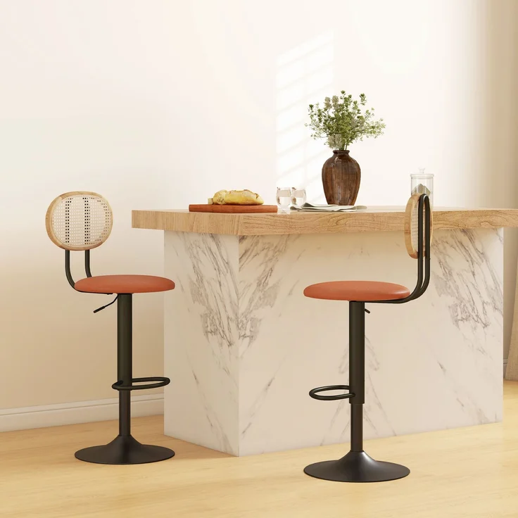2er-Set Barhocker, höhenverstellbare Barstühle mit Rattan-Rückenlehne und Fußstütze, braun – Bild 3