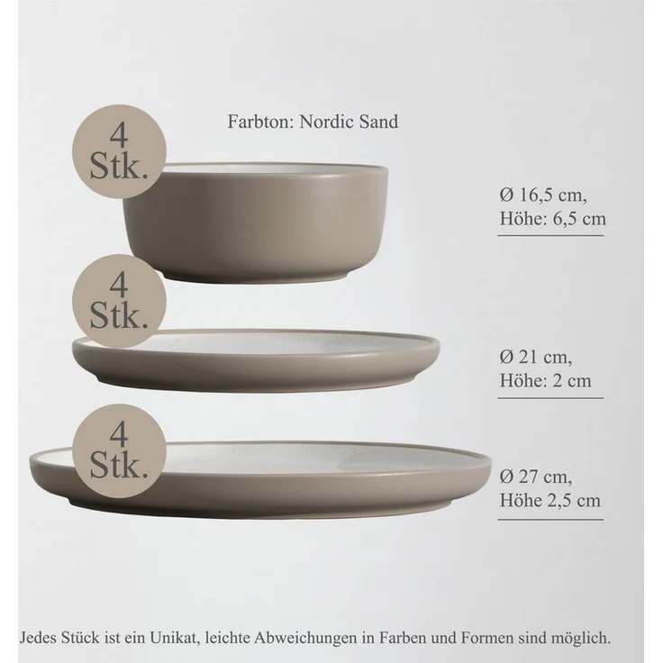 Hausfelder Geschirr-Set Tafelservice 4 Personen Geschirrset Steingut 12teilig Nordic Sand (12-tlg), 4 Personen, Steinzeug, spülmaschinen- & mikrowellengeeignet, Reaktivglasur – Bild 2