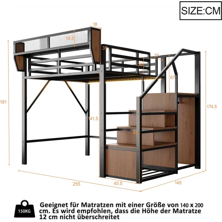 ZUBALIYA Hochbett 140 × 200 cm, Metall, LED-Beleuchtung, Leiter, Schwarz – Bild 10