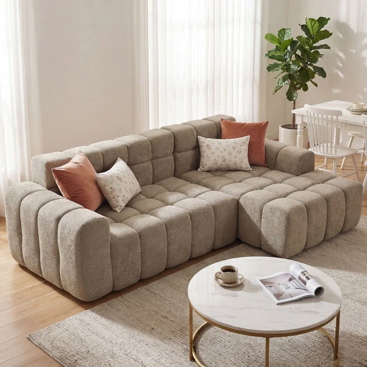 L-förmiges modulares Sofa aus Regen-Velours 250x125x60 cm in Khaki mit Kaltschaum – Bild 4