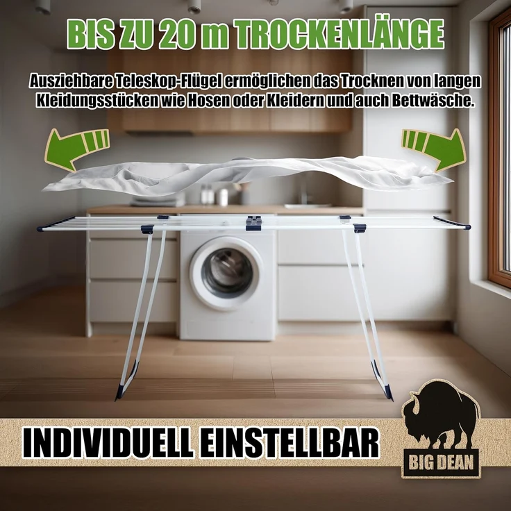 BigDean Teleskop Wäscheständer mit Rollen ausziehbar 20m - TÜV Rheinland Wäschetrockner Flügelwäschetrockner Flügelwäscheständer für Kleidung – Bild 2
