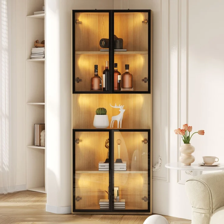 Flieks LED Eckvitrine 62×32×160 cm, Glasvitrine mit gehärteten Glastüren, Sammlungsvitrine & Bücherregal in Eichenoptik – Bild 2