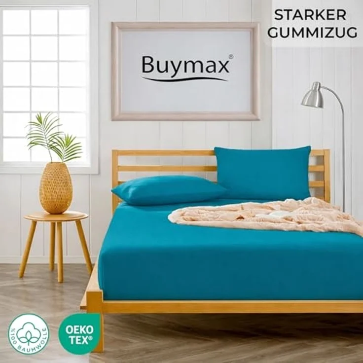 Buymax Topper Spannbettlaken 160x200 cm Spannbetttuch 100% Baumwolle Jersey für Matratzentopper bis 12 cm Matratzenhöhe Bettlaken für Boxspringbett Topper, Petrol – Bild 2