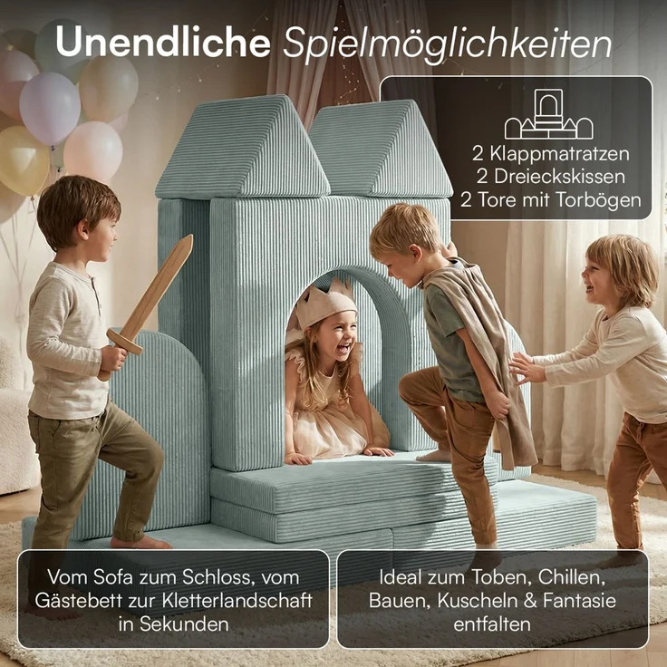 Bellabino 'Nile' Spielsofa mit Toren, 8-tlg, Cord, türkis, faltbare Kindercouch, abnehmbarer & waschbarer Bezug, Kindersofa aus Schaumstoff, Oeko-Tex zertifiziert – Bild 3