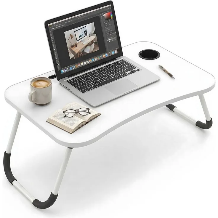 HEYHIPPO Laptoptisch Klappbarer Laptoptisch 60×40 cm,mit Getränkehalter & Tablet-Slot, weiß (Packung, Ergonomischer Betttisch, platzsparend, für Homeoffice, Lesen & Essen), Bett Tablett, für Laptops bis 17 Zoll, rutschfest, für Sofa & Bett