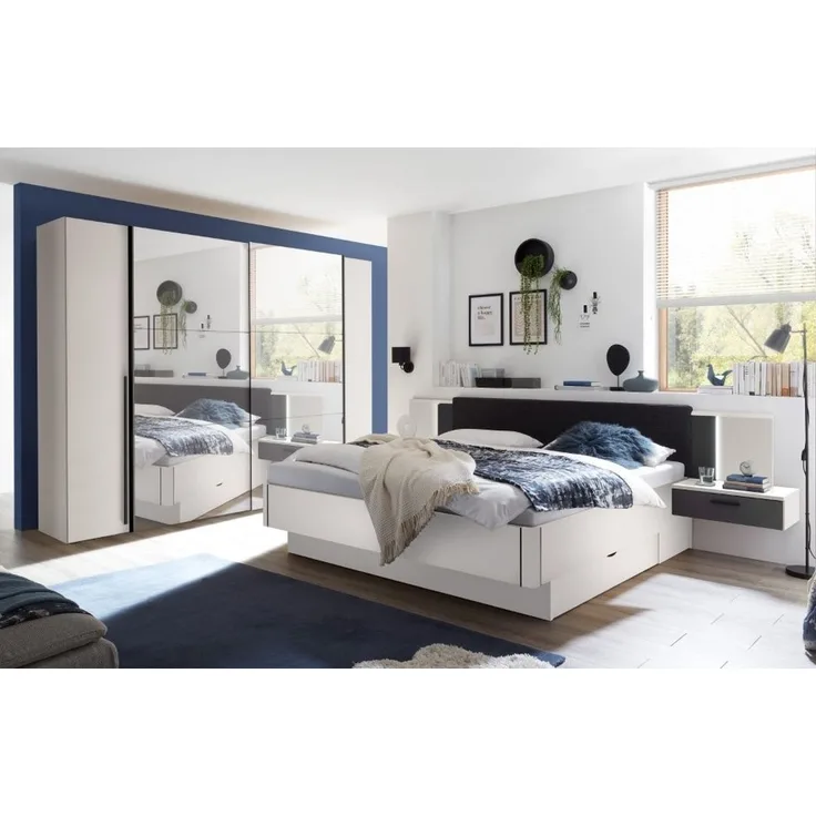 Schlafzimmer-Set >Maturs< (2-teilig) weiss/Graphit - Schrank 267x205x57cm, Bett 305x93x210cm