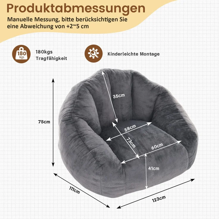 Sitzsack in Grau 111cm×123cm×75cm mit Kunstfell-Bezug – gepolsterter Loungesessel für Wohnzimmer und Schlafzimmer – Bild 2