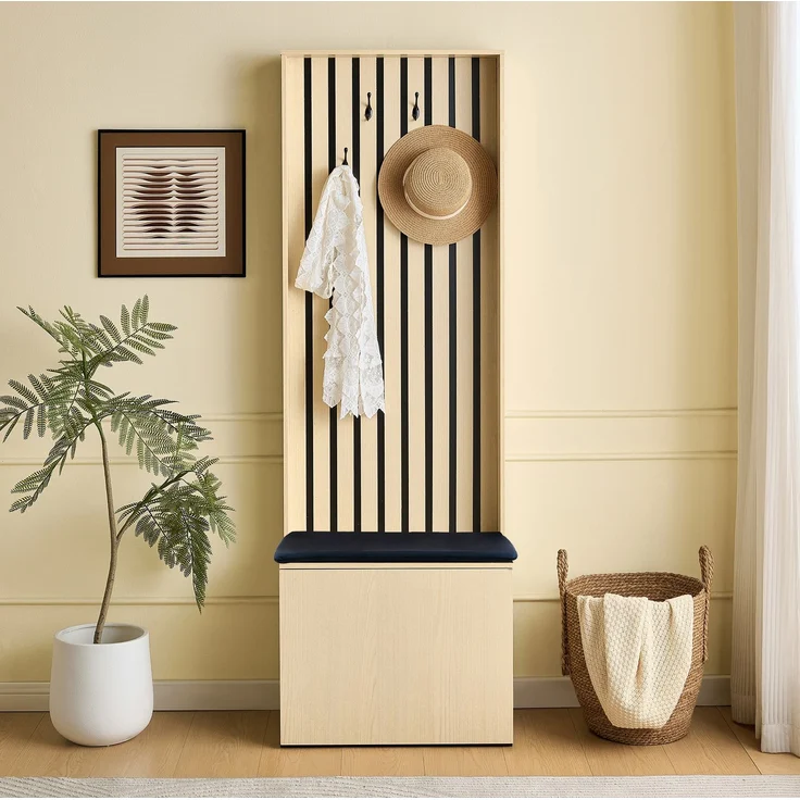 Garderobe mit gepolsterter Sitzbank und Stauraum, 61x35x179,5 cm, Holzfarben – Bild 3