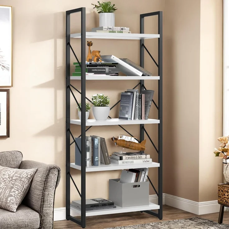 YITAHOME Bücherregal, Standregal mit 5 Ebenen, Hohes Lagerregal mit Metallrahmen, Industrielles Ausstellungsregal, Regaleinheiten, für Wohnzimmer, Schlafzimmer, Homeoffice, Küche, Weiß Regal – Bild 1