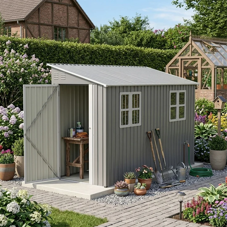 ZUBALIYA 4x10 Fuß (ca. 1, 2x3 m) Outdoor-Schwerlast-Metallschuppen mit Boden-Kit, Anlehn-Design mit links/rechts-Tür & 2 Fenstern, H 188.6 × T 291 × B 110.8 cm, Grau – Bild 5