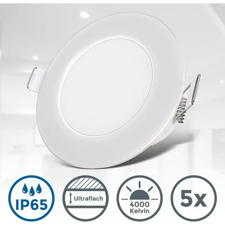 B.K.Licht - 5er Set LED Bad Einbaustrahler 230V flach, IP65, neutralweiße Lichtfarbe, Lochmass 68mm, LED Spot, Deckenspots, Spots, Einbauleuchten, Einbauspots, Badezimmer, 86x30 mm, Weiß