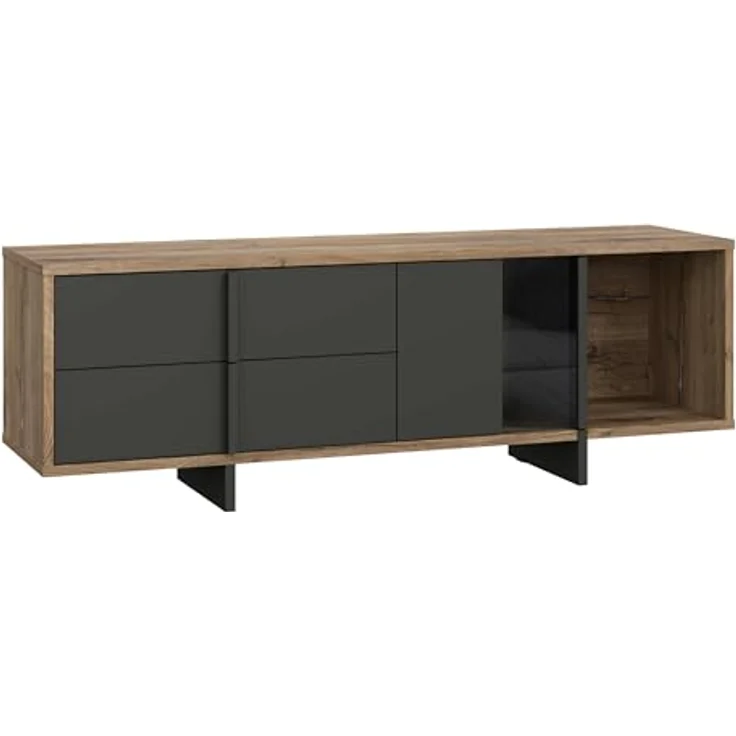 Forte JOKKAZ TV-Schrank 160, TV-Lowboard, 1 Tür, 2 Schubladen, Wohnzimmer, Holzwerkstoff, Flagstaff Eiche Holzdekor/Schwarz, 159,6 cm breit x 53,7 cm hoch x 42,0 cm tief – Bild 5