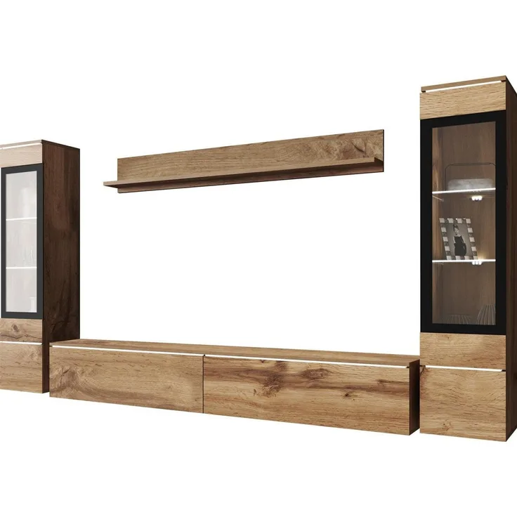 Home affaire Wohnwand VERA II, Vitrinen Türanschlag wechselbar, (Komplett-Set, 4-St), Mediawand 260 cm, Vitrine mit Verglasung, stehend und hängend